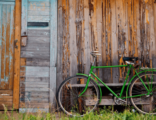 Old wooden wall and green bicycle